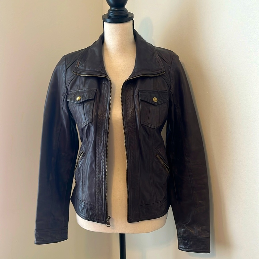 Guess brown bomber leather jacket size S